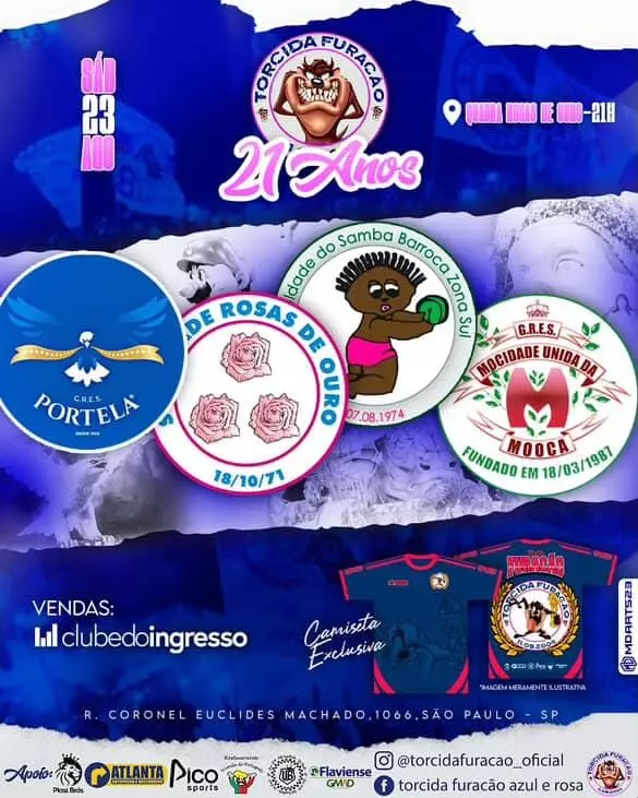 Festa de 21 anos da Torcida Furacão, que acontecerá no dia 23 de agosto na quadra da Rosas de Ouro